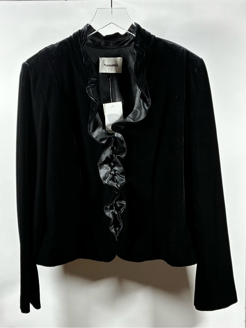 Nanushka Cascading Black Velvet Ruffle-Front Blazer NWT
